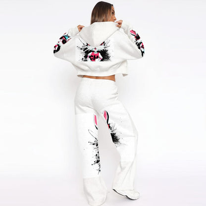 Ptahra Women’s White/Graphic Bunny Tracksuit With Fleece
