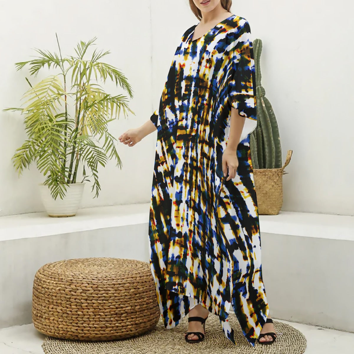 Ptahra B Women's Muti-Color Dye Imitation Silk V-neck Kaftan Robe