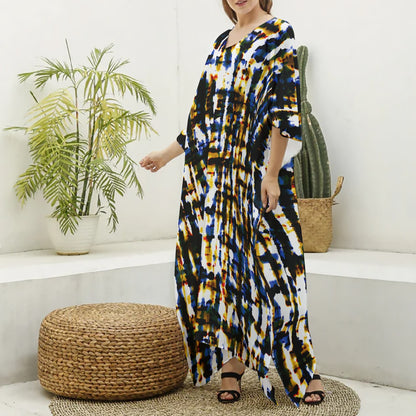 Ptahra B Women's Muti-Color Dye Imitation Silk V-neck Kaftan Robe