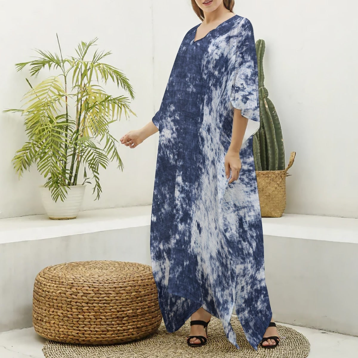 Ptahra B Women's Blue Tye Dye Style Imitation Silk V-neck Kaftan Robe