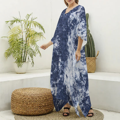 Ptahra B Women's Blue Tye Dye Style Imitation Silk V-neck Kaftan Robe