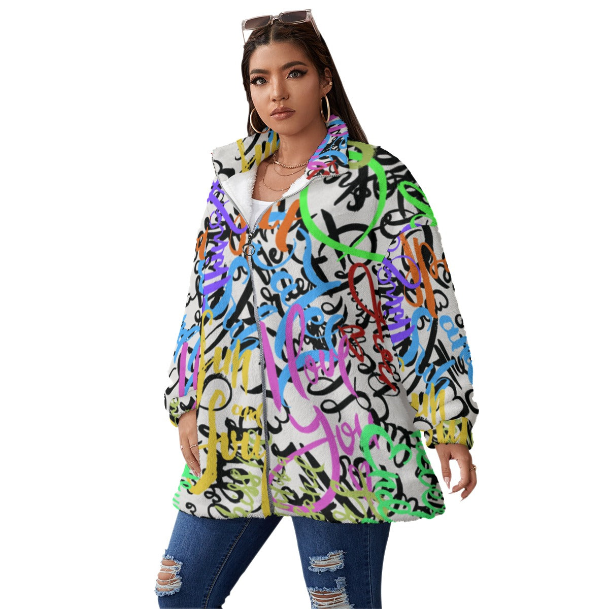 Ptahra B Graphic Borg Fleece Stand-up Collar Coat With Zipper Closure(Plus Size)