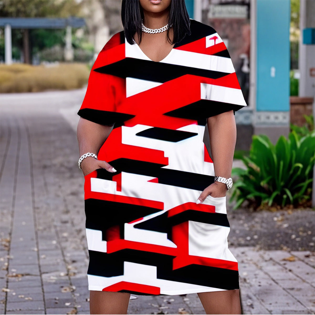 Ptahra B Women's Red/Black/White Visual V Neck Short Sleeve Dress/Plus Size