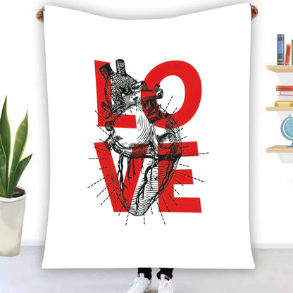 Ptahra White/Red LOVE Single-Side Flannel Blanket
