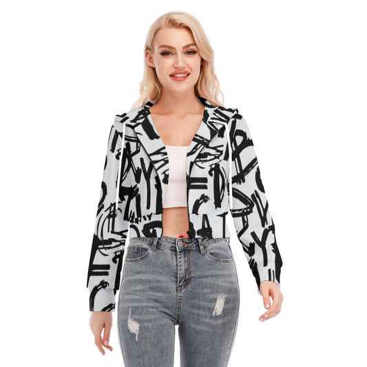 Ptahra B Women's White/Black Lettering Pattern Crop Top Hoodie with Zipper Closure