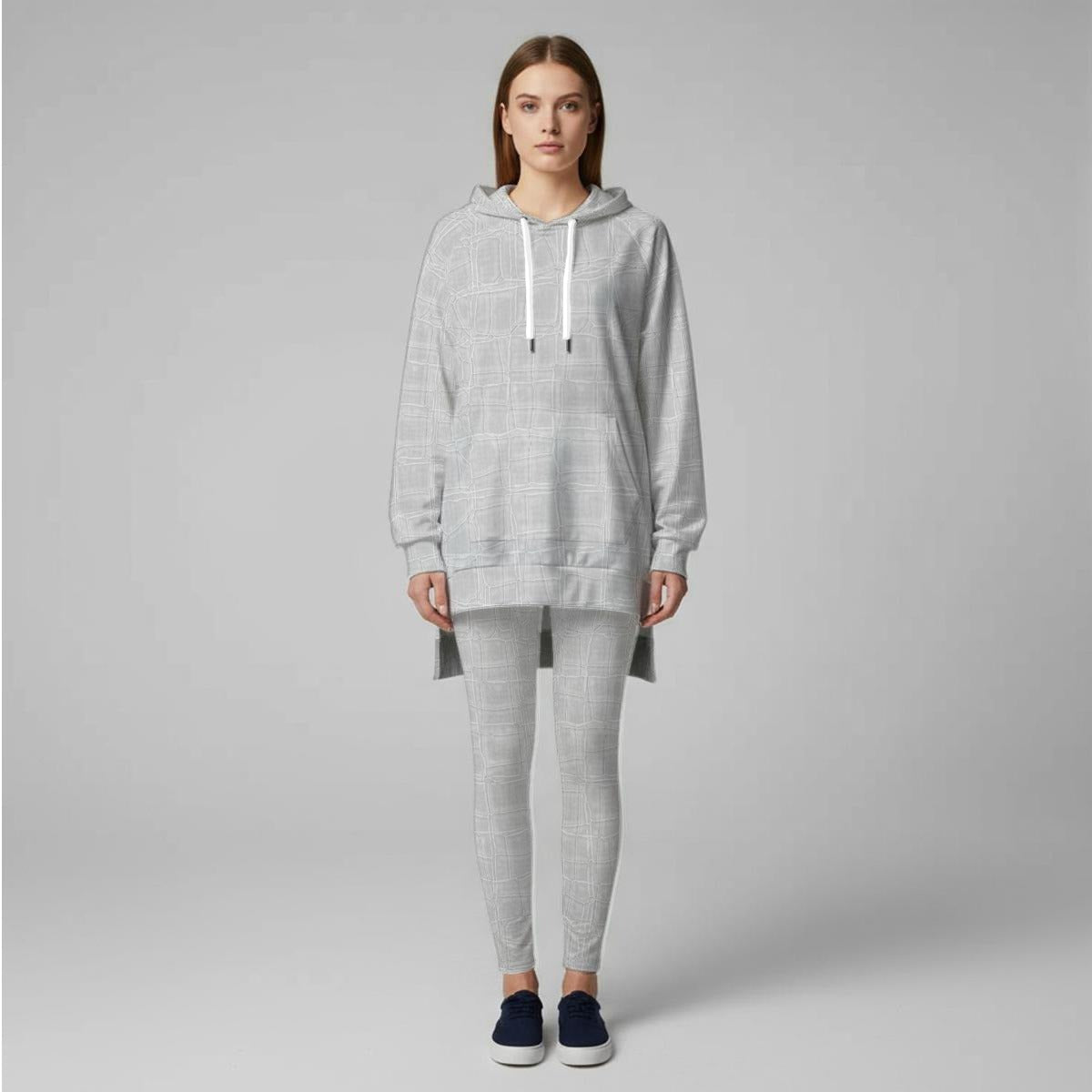 Ptahra Women's White/Light Grey Turtle Scales Design Stretch Hoodie Set