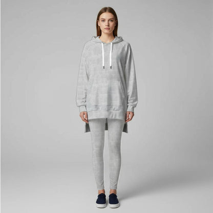 Ptahra Women's White/Light Grey Turtle Scales Design Stretch Hoodie Set