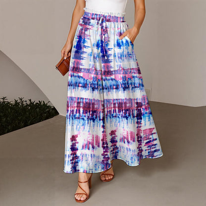 Ptahra Women's Blue/Purple/White Tye-Dye Type Design Ruffled Wide-Leg Pants