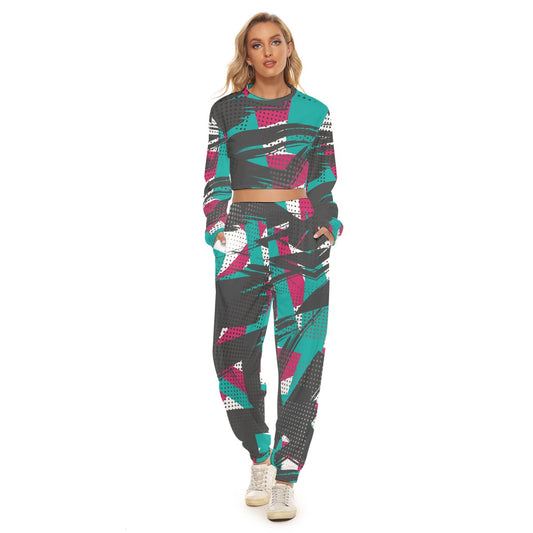 Ptahra B Women Faded Multi-Design Crop Sweatshirt Suit