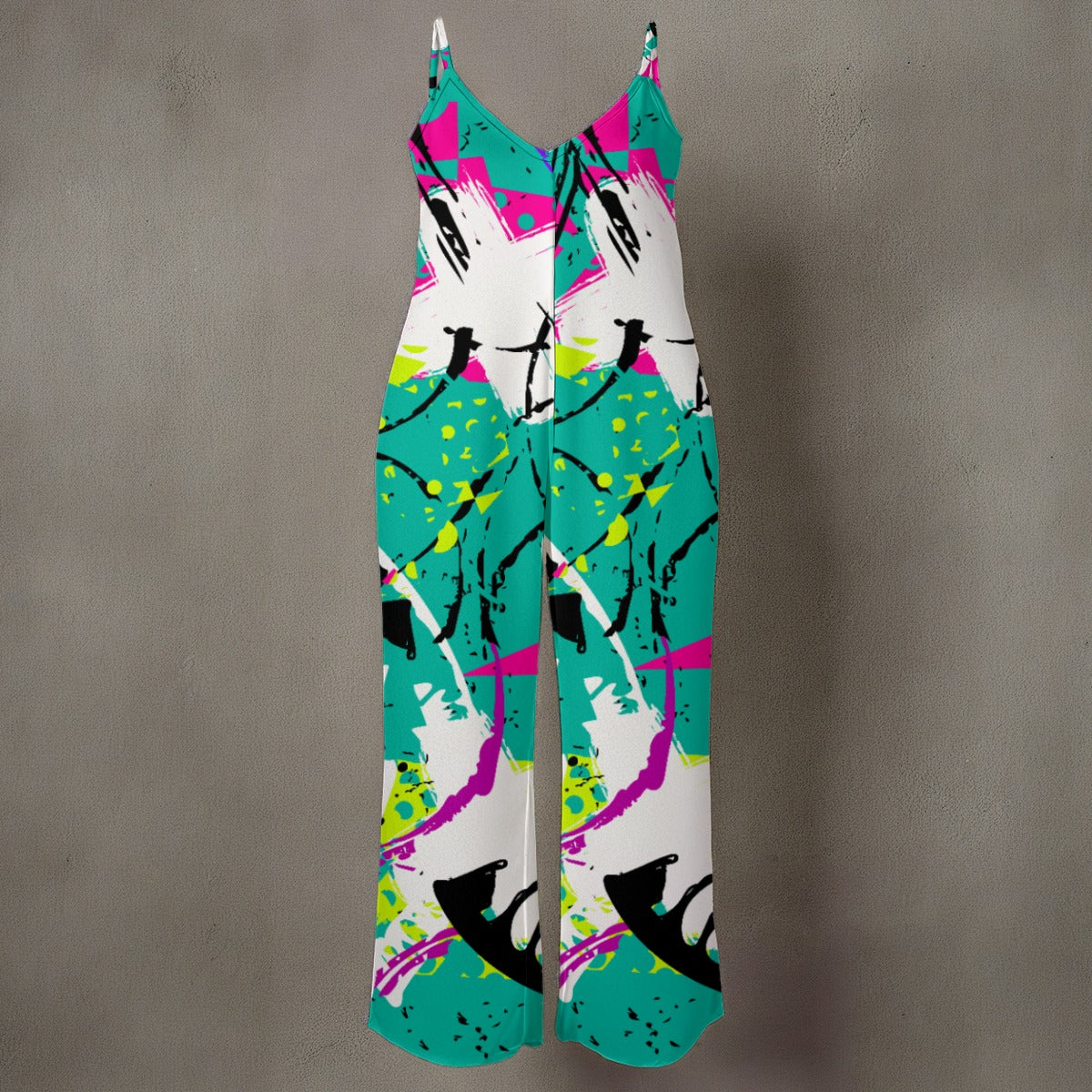 Ptahra B Women’s Bright Fun Art Spaghetti Strap Wide-Leg Jumpsuit