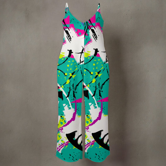 Ptahra B Women’s Bright Fun Art Spaghetti Strap Wide-Leg Jumpsuit