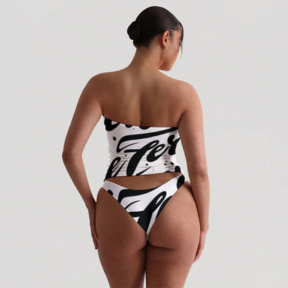 Ptahra Women's White/Black Art Lettering Strapless Tube Top Set