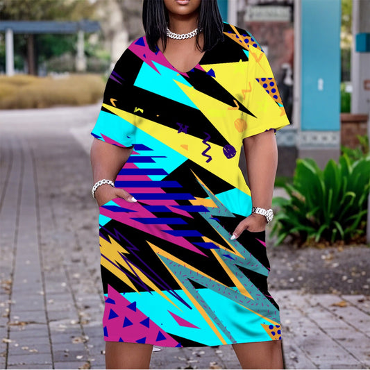 Ptahra B Women's Retro Style V Neck Short Sleeve Dress/Plus Size