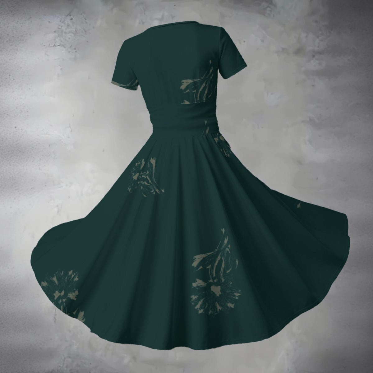 Ptahra Women's Forest Green Floral Short Sleeve V Neck Midi Dress