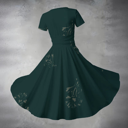 Ptahra Women's Forest Green Floral Short Sleeve V Neck Midi Dress