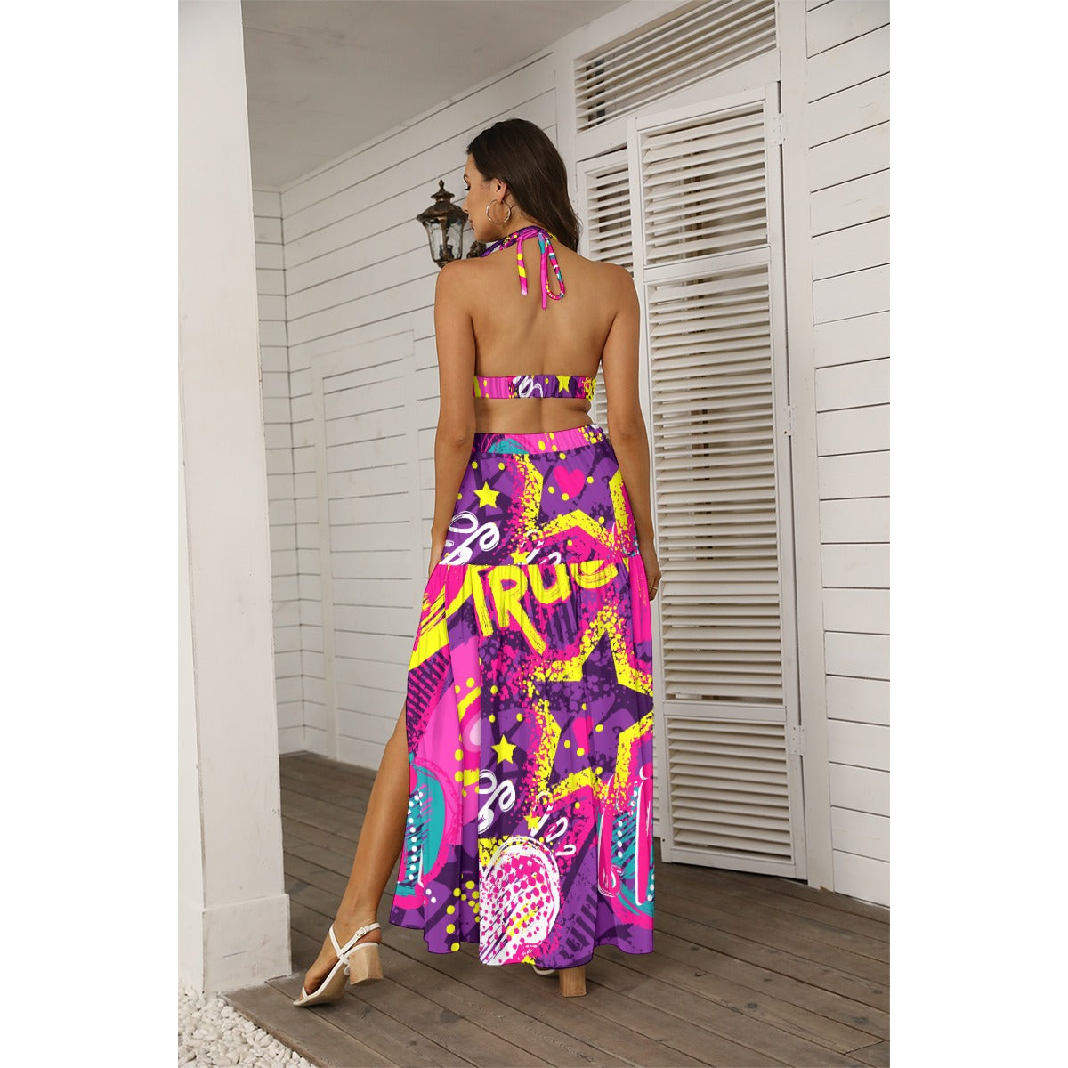 Ptahra B Women's Bright Purple/Yellow/Multi-Color/Graphic Tie Back Wrap Dress