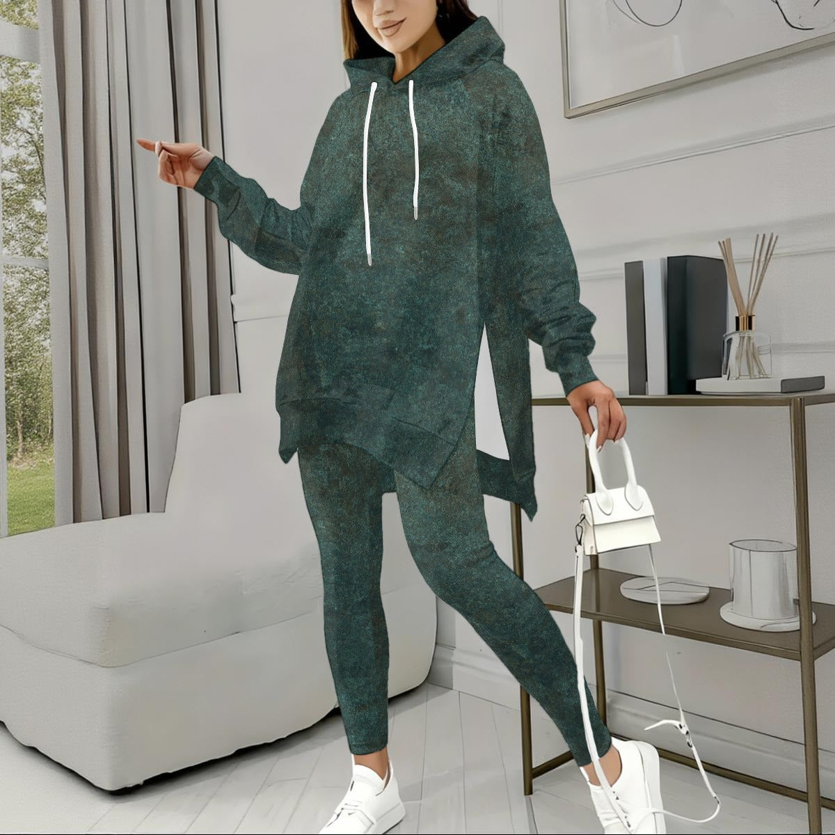 Ptahra Women's Green Stretch Hoodie Set