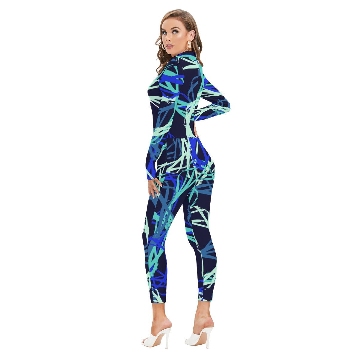 Ptahra B Women's Blue/Multi-Pattern Long-sleeved High-neck Jumpsuit with Zipper
