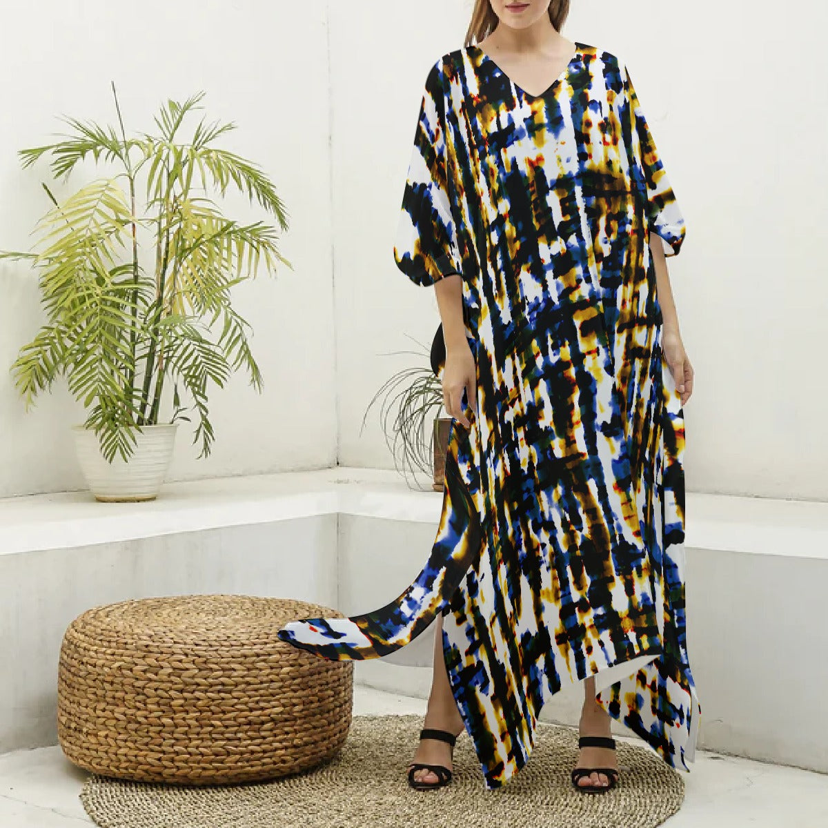 Ptahra B Women's Muti-Color Dye Imitation Silk V-neck Kaftan Robe