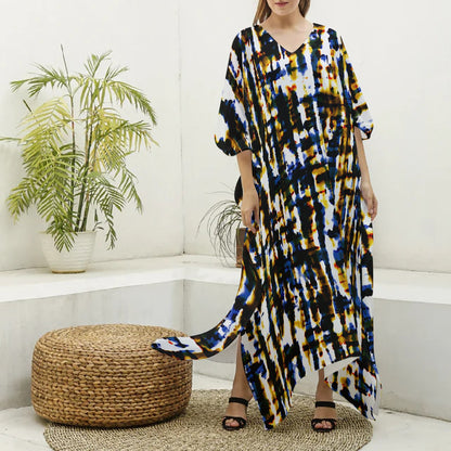Ptahra B Women's Muti-Color Dye Imitation Silk V-neck Kaftan Robe