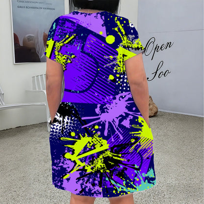 Ptahra B Women's Fun Bright Color V Neck Short Sleeve Dress/Plus Size