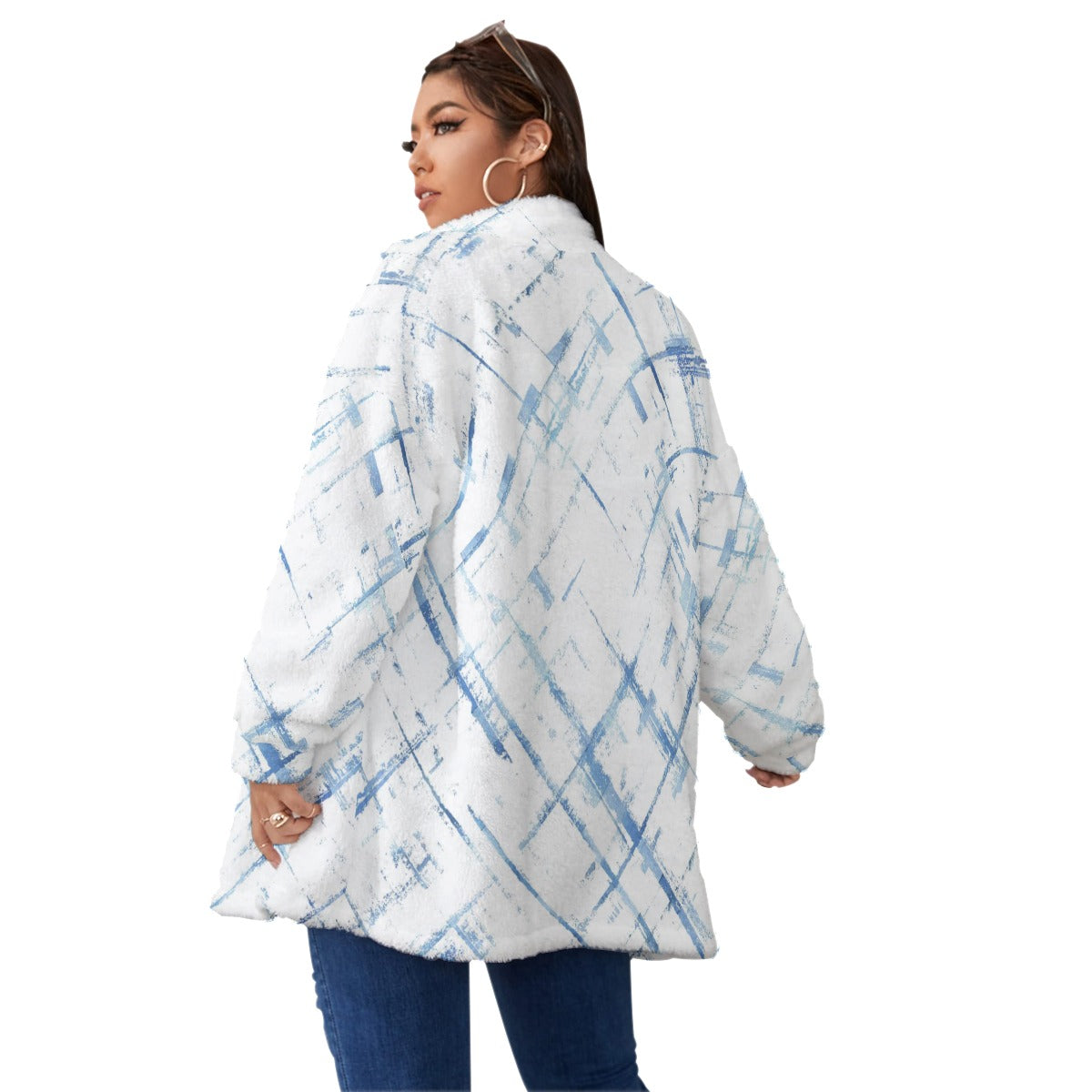 Ptahra B White/Blue Line Pattern Borg Fleece Stand-up Collar Coat with Zipper ClosPlus Size)