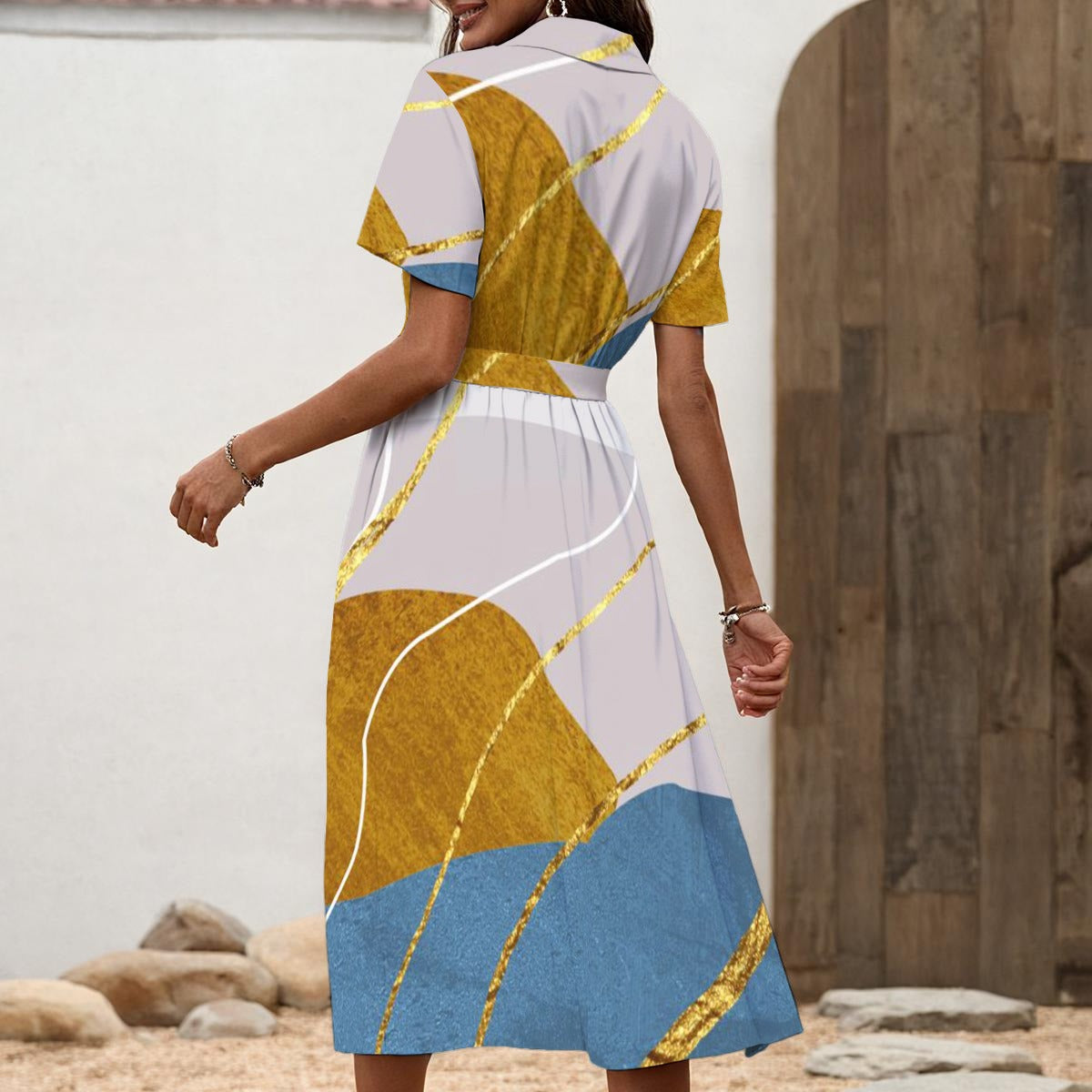 Ptahra B Women's Blue/Gold on White Shirt Dress with Waist Tie