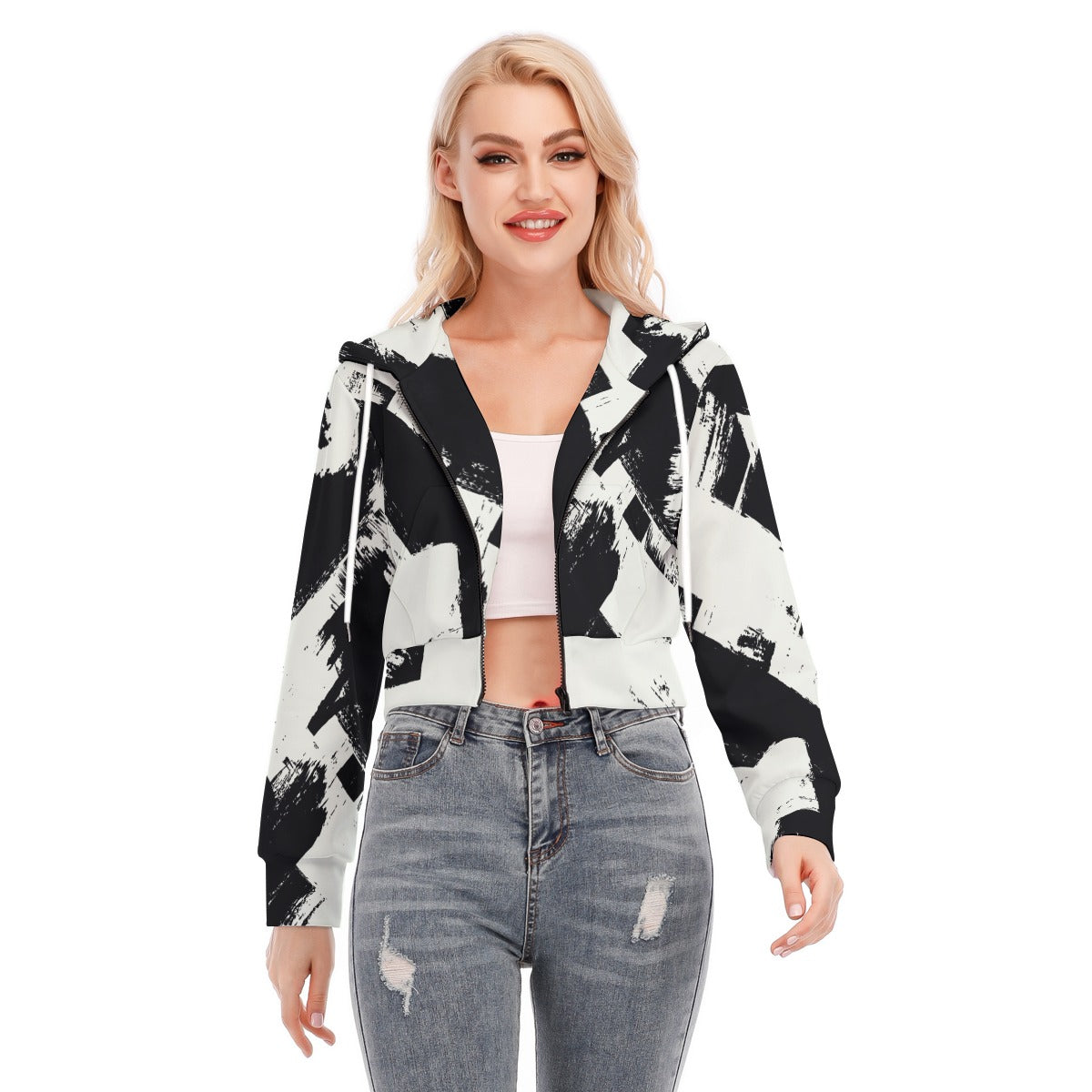 Ptahra B Women's Black/White Pattern Crop Top Hoodie with Zipper Closure