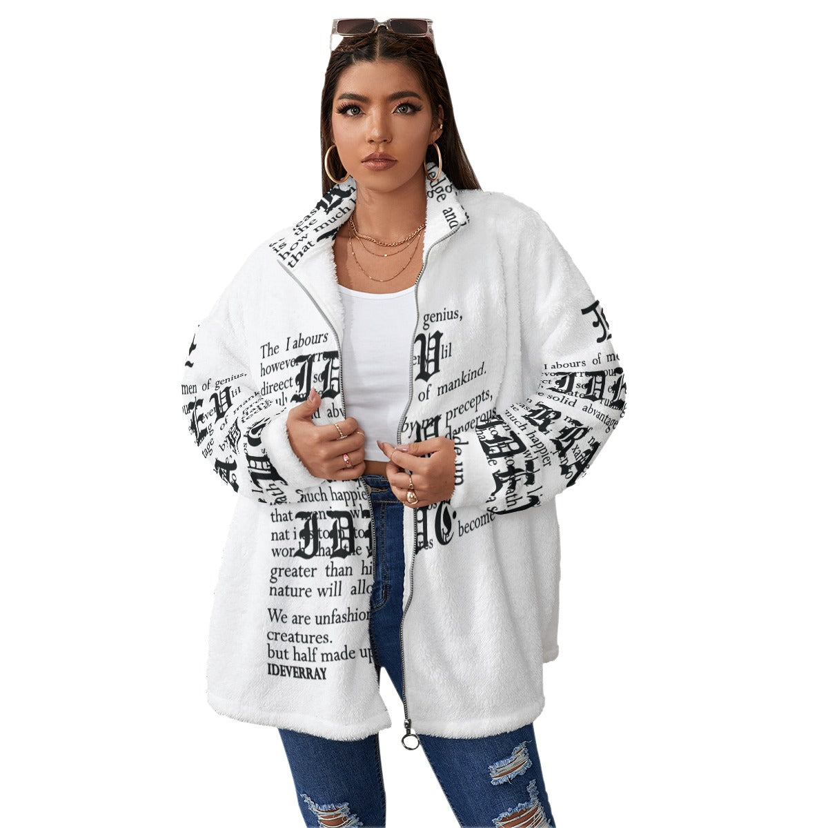 Ptahra B White/Black Writing Borg Fleece Stand-up Collar Coat With Zipper Closure(Plus Size)