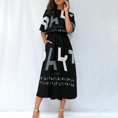 Ptahtra B Women's Black with Lettering Elastic Waist Dress