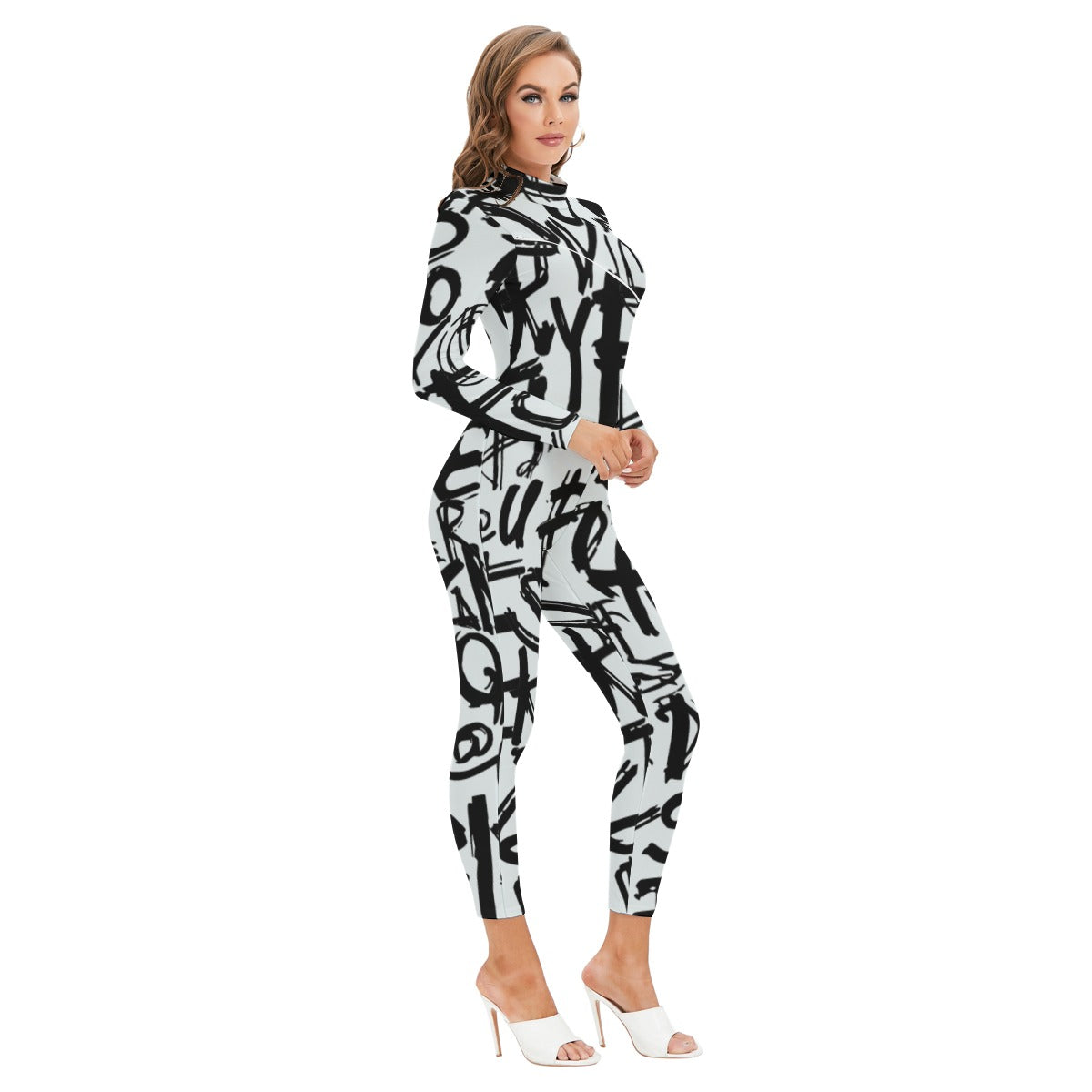 Ptahra B Women's White/Black Lettering Long-sleeved High-neck Jumpsuit with Zipper