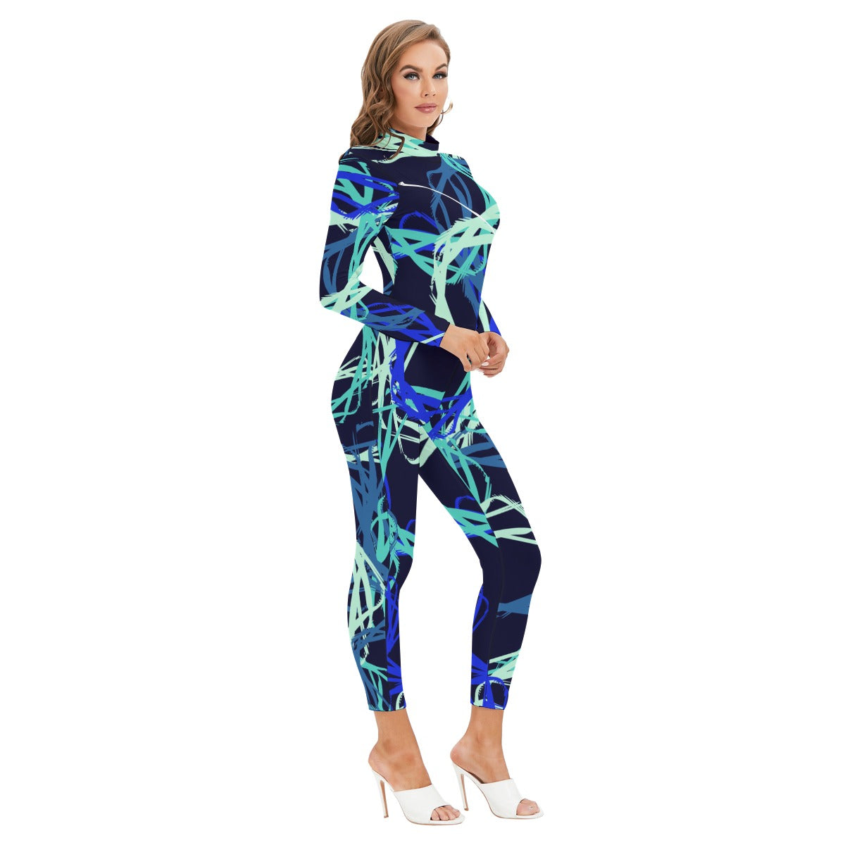 Ptahra B Women's Blue/Multi-Pattern Long-sleeved High-neck Jumpsuit with Zipper