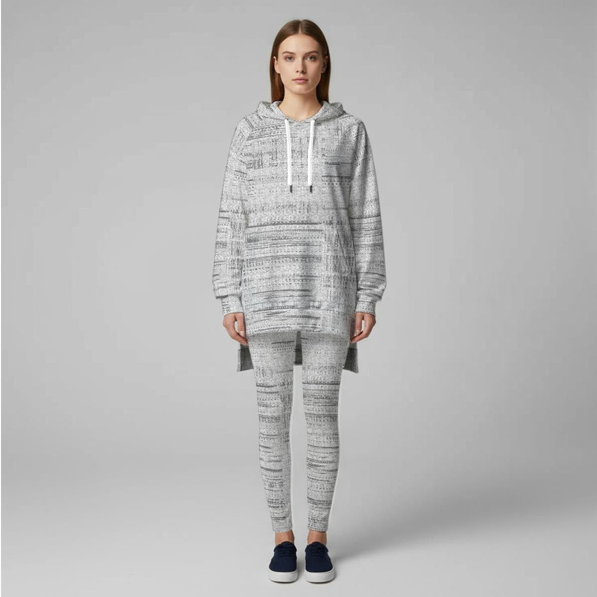 Ptahra Women's Grey Lines Pattern Stretch Hoodie Set