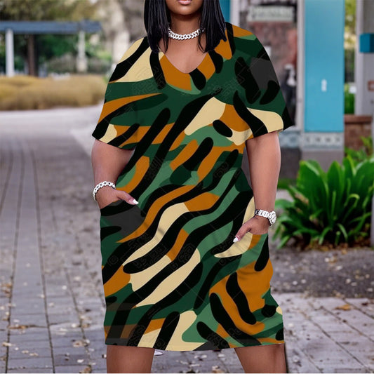 Ptahra B Women's Casual Forest Feel V Neck Short Sleeve Dress/Plus Size