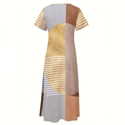 Ptahra B Women's Multi-Brown Design V-neck Dress With Side Slit