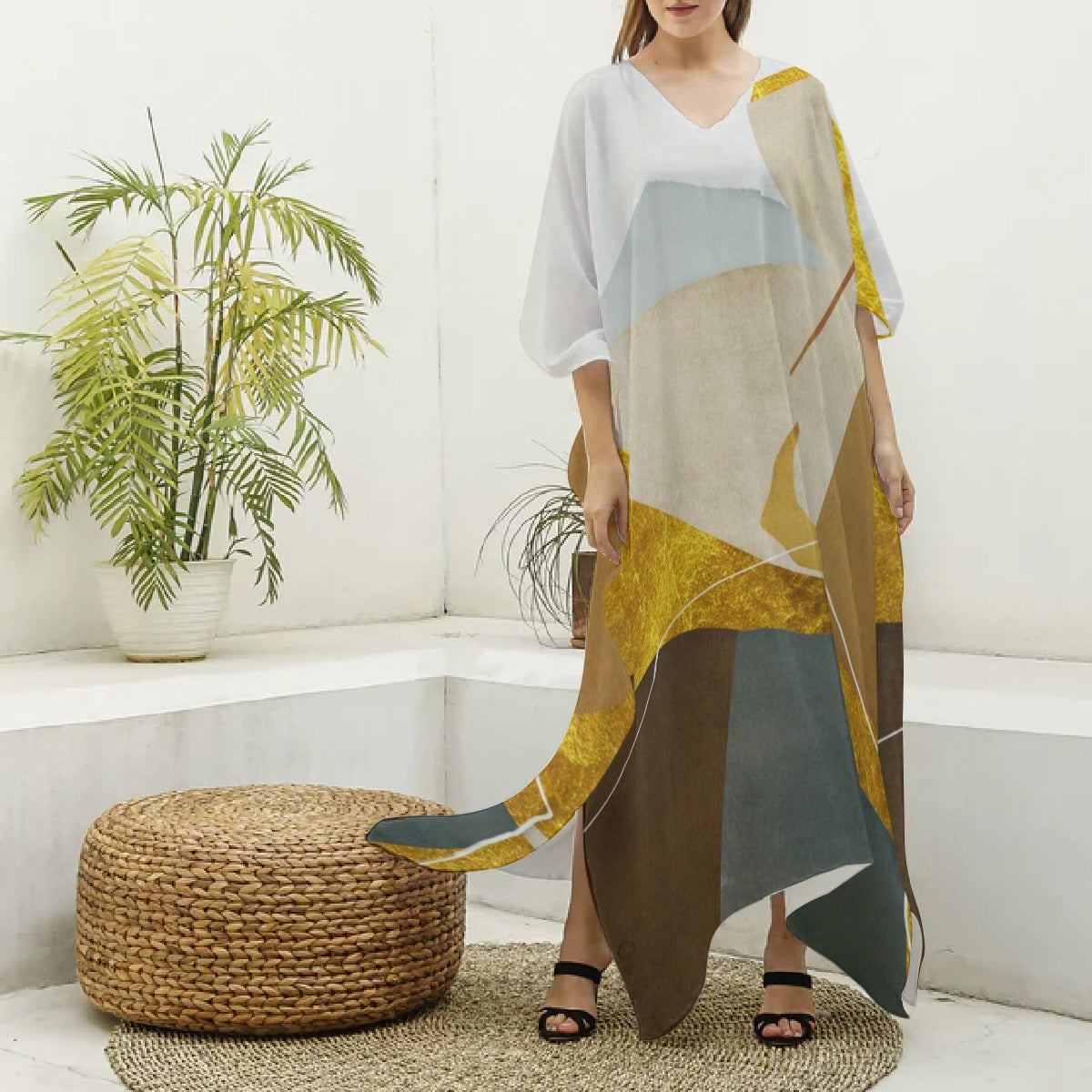 Ptahra B Women's Elegant Imitation Silk V-neck Kaftan Robe