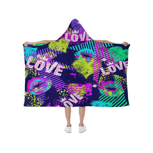 Ptahra B Bright Girly/Lips/Love Lettering Hooded Blanket With Soft Fleece Lining