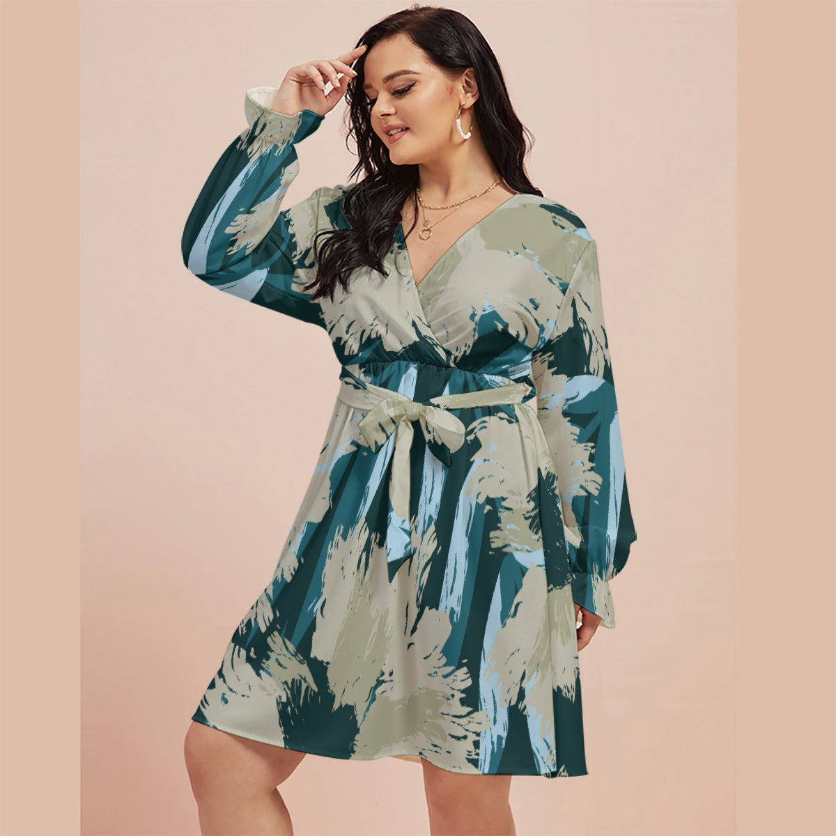 Ptahra B Floral/ Blue Women's V-neck Dress with Waistband