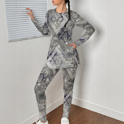 Ptahra B Women's Grey/White/Navy Blue Diamond Style Side Split T-shirt Set