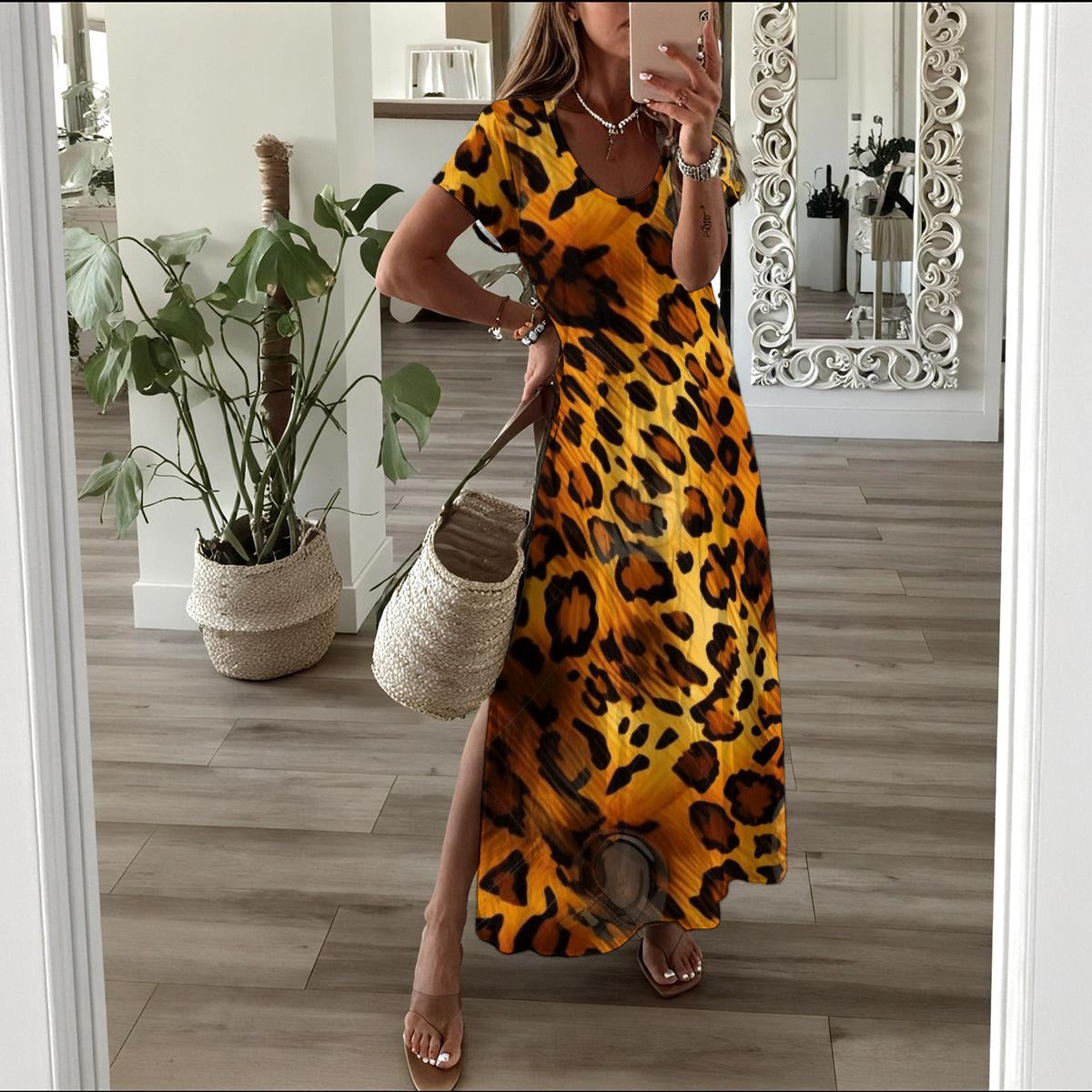 Ptahra Women's Elegant Leopard Long Dress