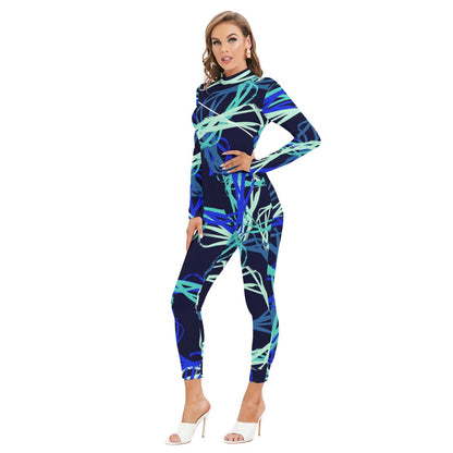 Ptahra B Women's Blue/Multi-Pattern Long-sleeved High-neck Jumpsuit with Zipper
