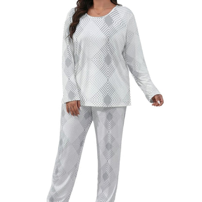 Ptahra Women’s White Light Grey Diamond Pattern Loungewear Set