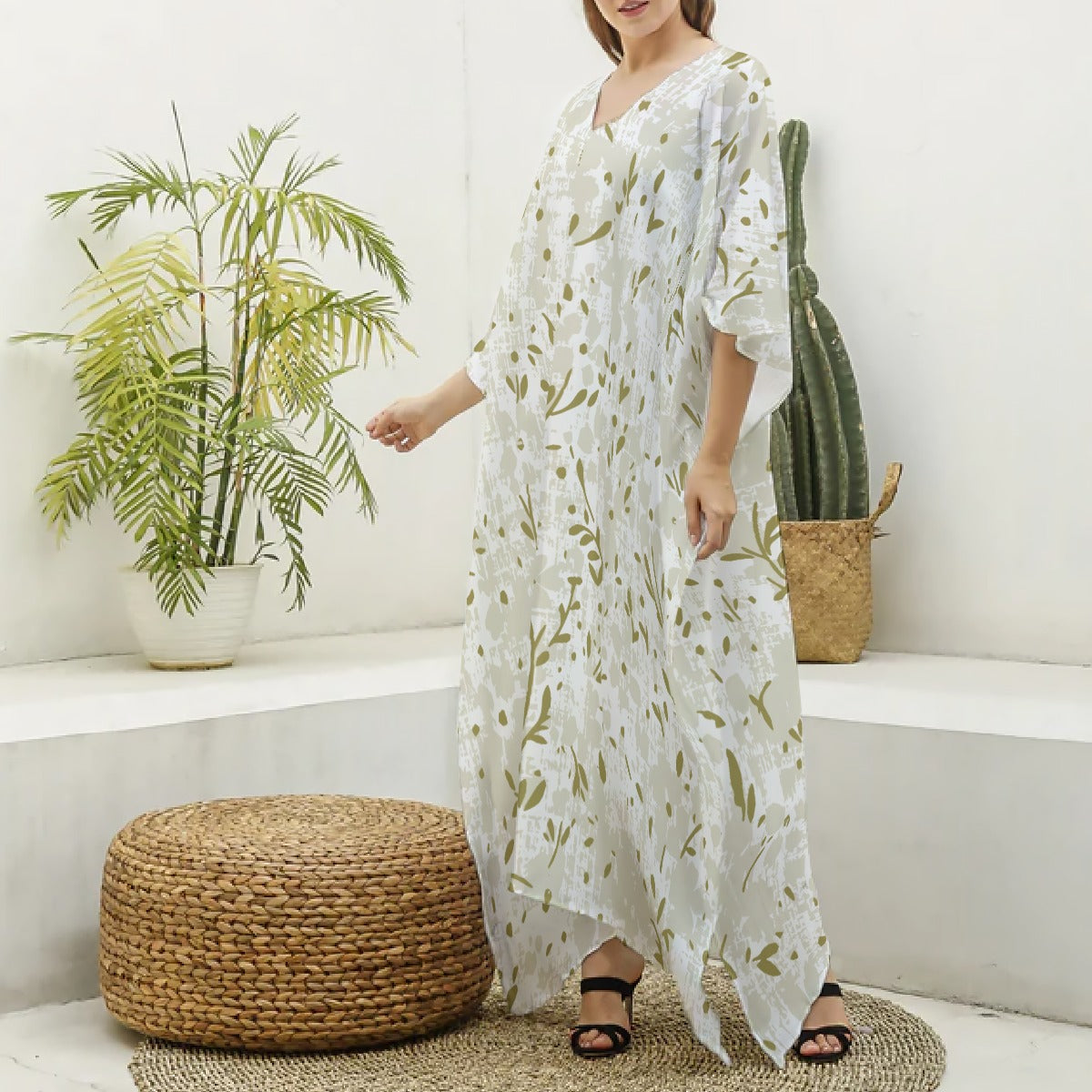 Ptahra B Women's Thin Leaf Pattern Imitation Silk V-neck Kaftan Robe