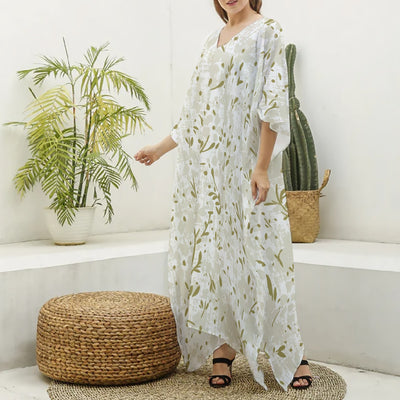 Ptahra B Women's Thin Leaf Pattern Imitation Silk V-neck Kaftan Robe