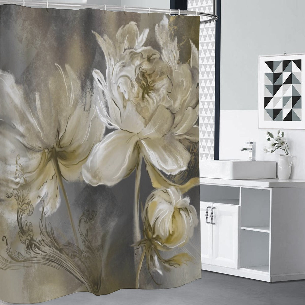 Ptahra Artistic White Floral Shower Curtains