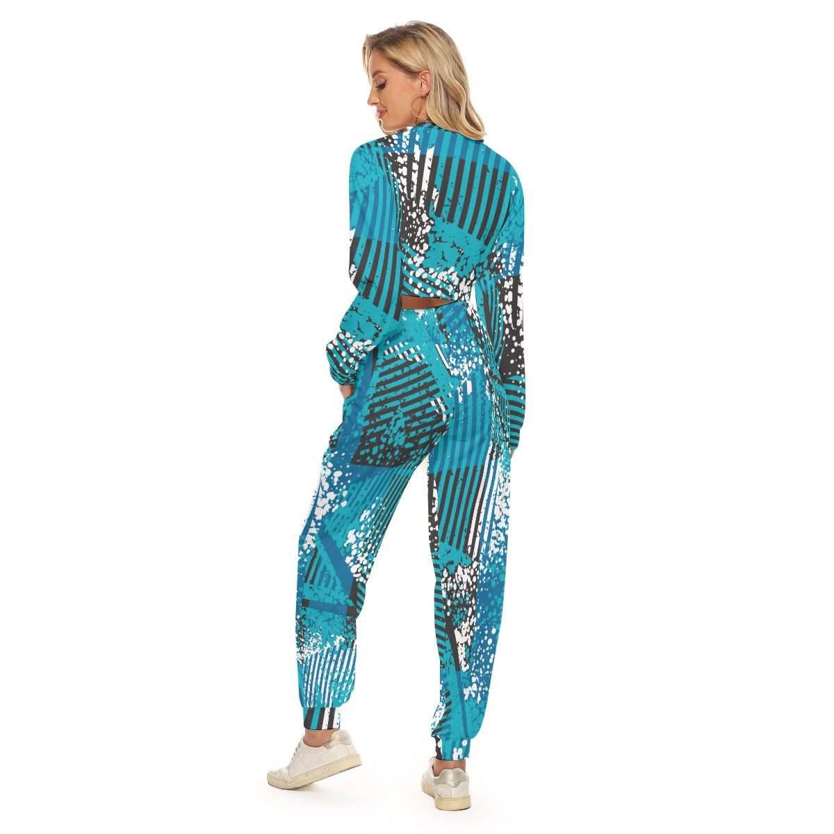 Ptahra B Women's Turquoise/blue with Black Pattern Crop Sweatshirt Suit