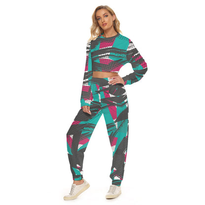 Ptahra B Women Faded Multi-Design Crop Sweatshirt Suit