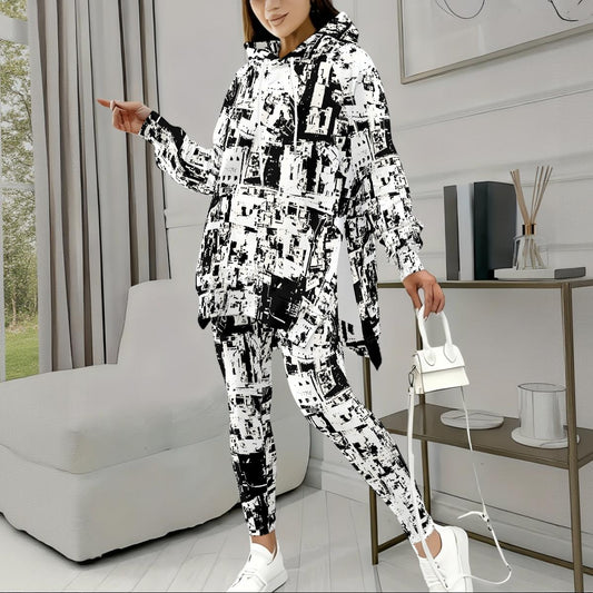Ptahra Women's White/Black Graphic Artistic Stretch Hoodie Set
