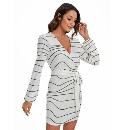 Ptahra B White/Dark Grey Women's Long Sleeve Dress With Waist Belt