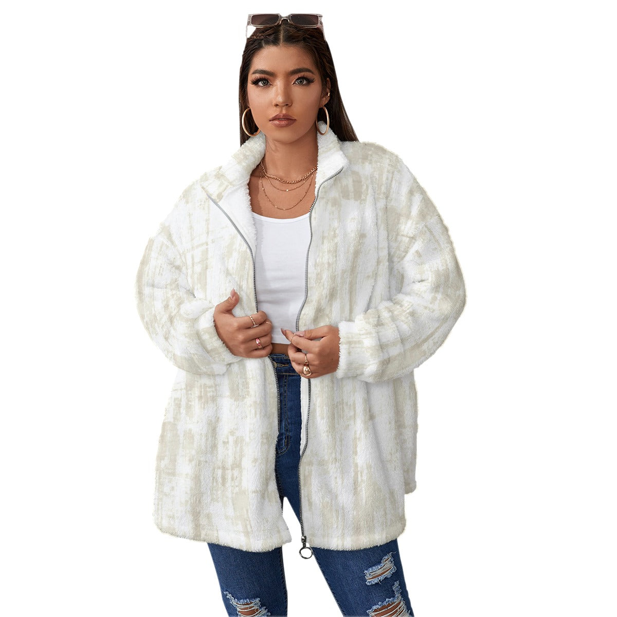 Ptahra B Borg Fleece Stand-up Collar Coat With Zipper Closure (Plus Size)